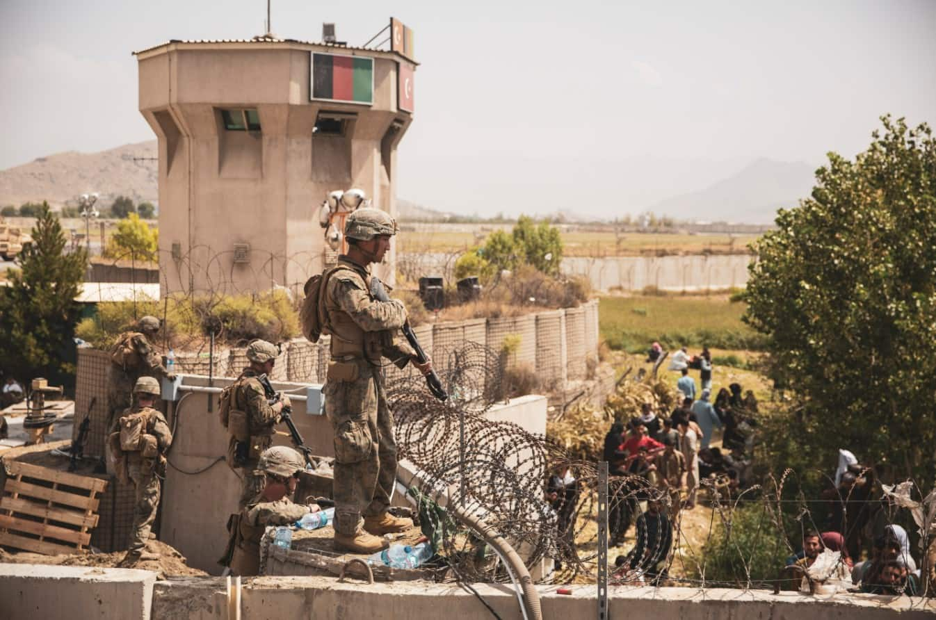 US troops stand guard at Hamid Karzai International Airport in Kabul