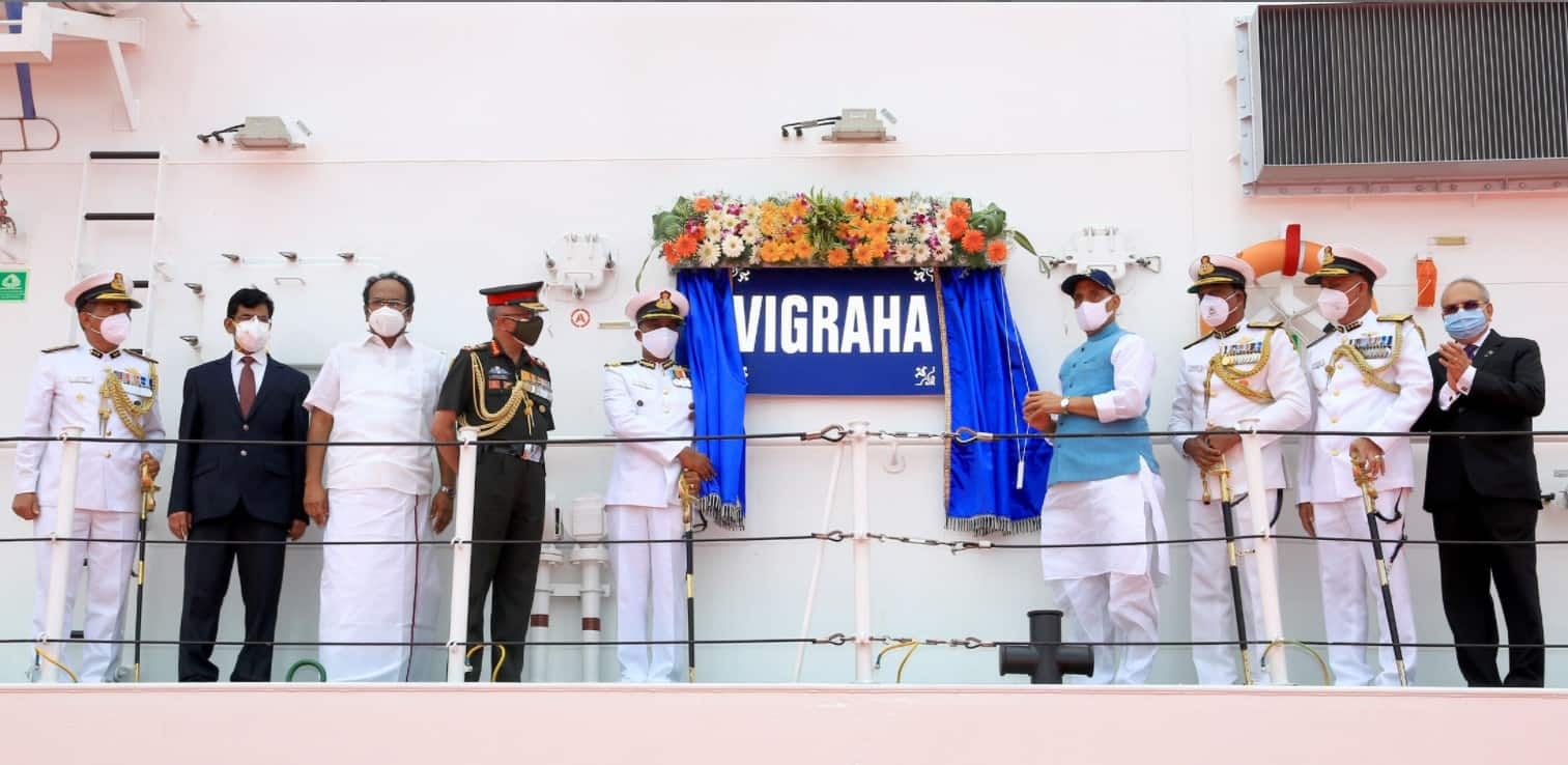 Defence Minister Rajnath Singh dedicates to the nation ‘Vigraha’ ship