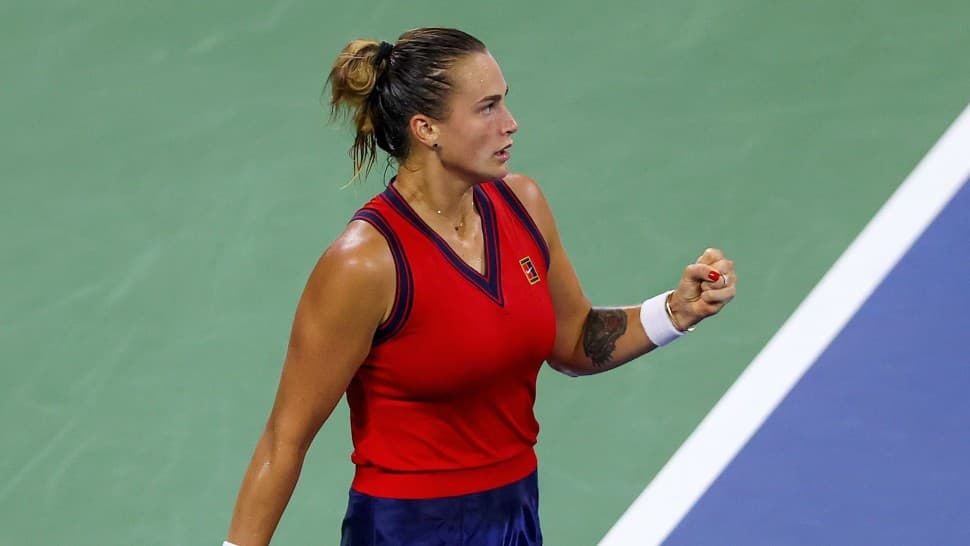 World No. 2 Aryna Sabalenka reacts after her three-set win over unseeded Nina Stojanovic of Belgrade in the US Open 2021 opener in New York. (Source: Twitter)