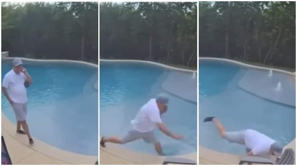 Hilarious! Man continues his work call even after falling in pool- Watch viral video