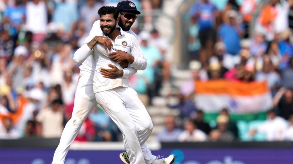 India's Ravindra Jadeja celebrates after picking up a wicket on Day 5 of the fourth Test against England at the Oval. (Photo: PTI)