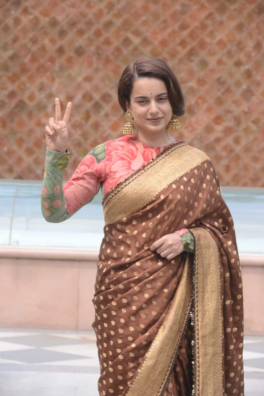 In pics: Kangana Ranaut looks mesmerising in a traditional brown silk saree for Thalaivii press conference in the capital | News | Zee News
