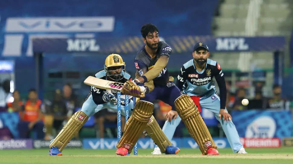 KKR opener Venkatesh Iyer goes for a switch hit against RCB in the IPL 2021 match in Abu Dhabi. (Photo: ANI)