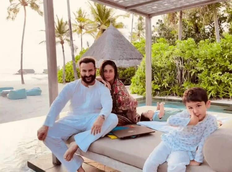 Kareena poses with Saif, Taimur and Jeh at the beach