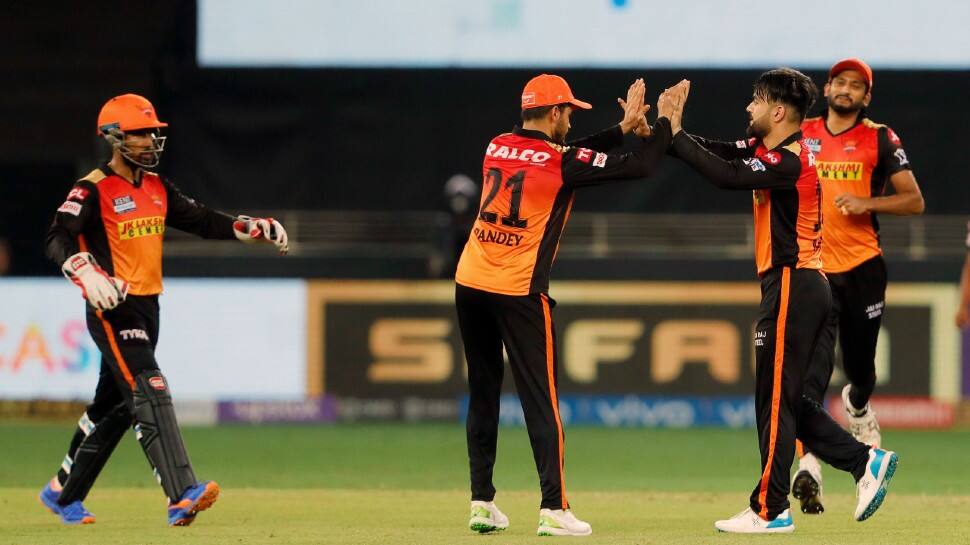 Sunrisers Hyderabad bowler Rashid Khan celebrates after dismissing Shikhar Dhawan of Delhi Capitals in their IPL 2021 match in Dubai. (Photo: ANI)