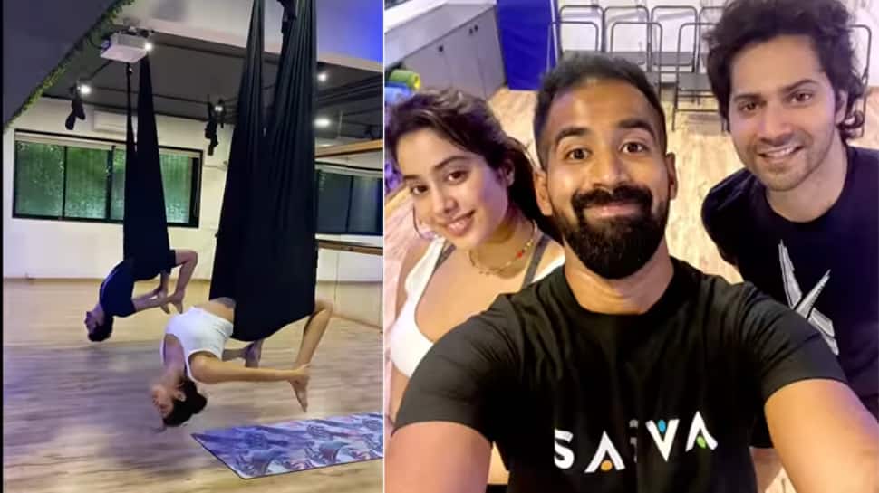 Janhvi Kapoor, Varun Dhawan turn yoga buddies and perform tough aerial asanas, Malaika Arora reacts