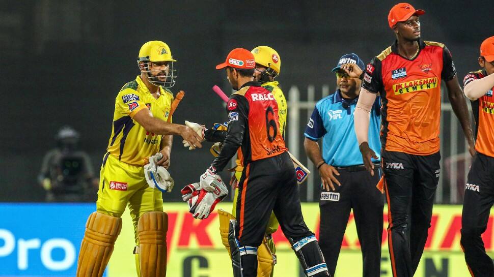 Chennai Super Kings skipper MS Dhoni leads his side after win over Sunrisers Hyderabad in an IPL 2021 match in Sharjah. (Photo: PTI)