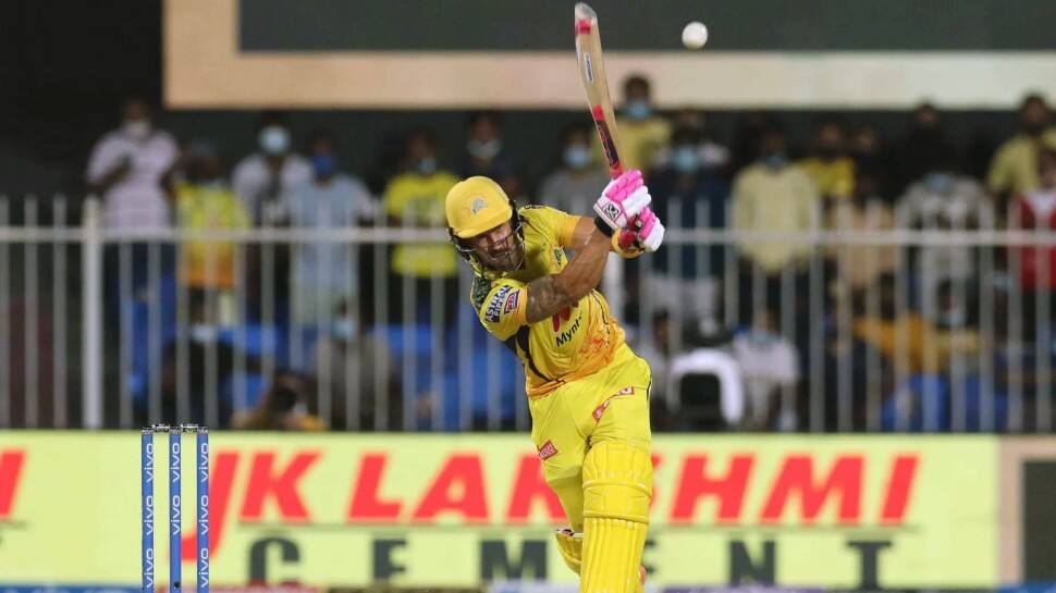 Chennai Super Kings opener Faf du Plessis en route to scoring 41 against Sunrisers Hyderabad in their IPL 2021 match in Sharjah. (Photo: ANI)