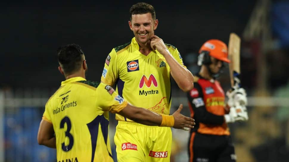 Chennai Super Kings paceman Josh Hazlewood celebrates after picking up a wicket against Sunrisers Hyderabad in their IPL 2021 match in Sharjah. (Photo: ANI)