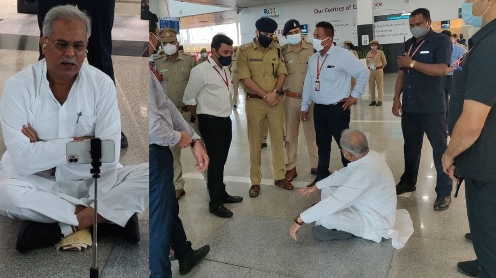 Stopped at Lucknow airport, Chhattisgarh CM Bhupesh Baghel sits on the floor