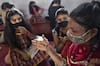 Devotee shows offer her Mehendi at Jhandewalan Temple on Sharad Navratri 2021