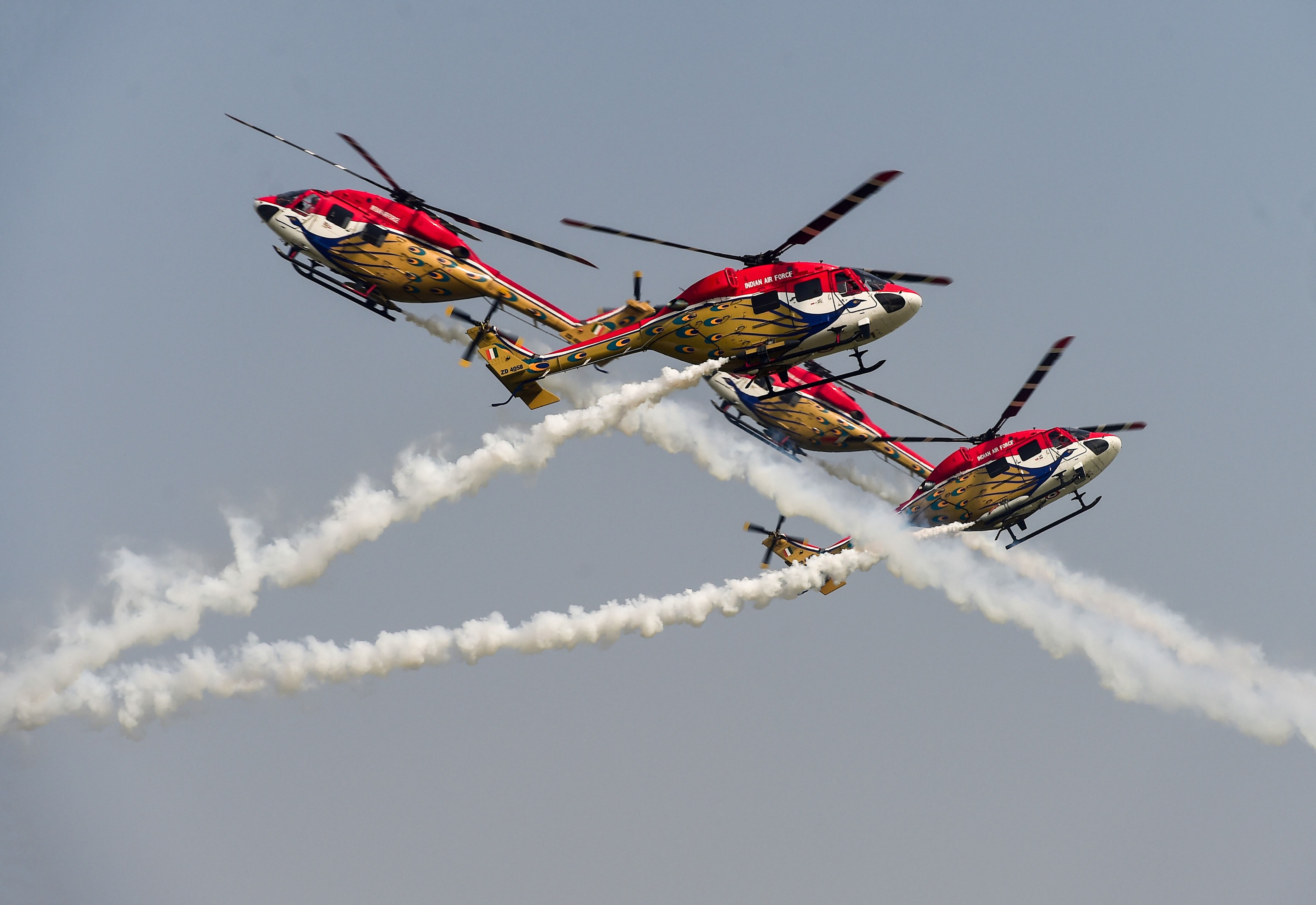 IAF's aerobatic team 'Sarang' perform during an air display