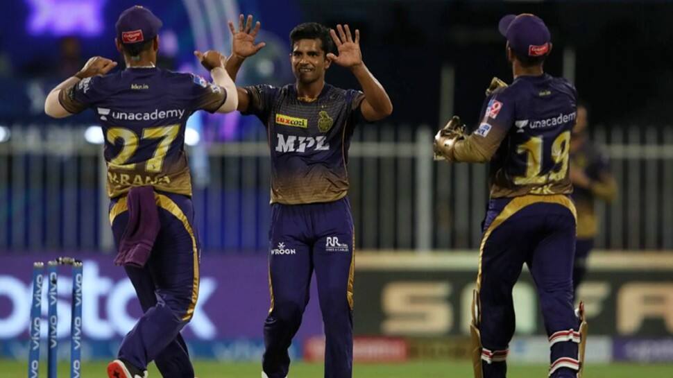 Kolkata Knight Riders paceman Shivam Mavi celebrates after picking up a wicket against Rajasthan Royals in their IPL 2021 match in Sharjah. (Photo: BCCI/IPL)