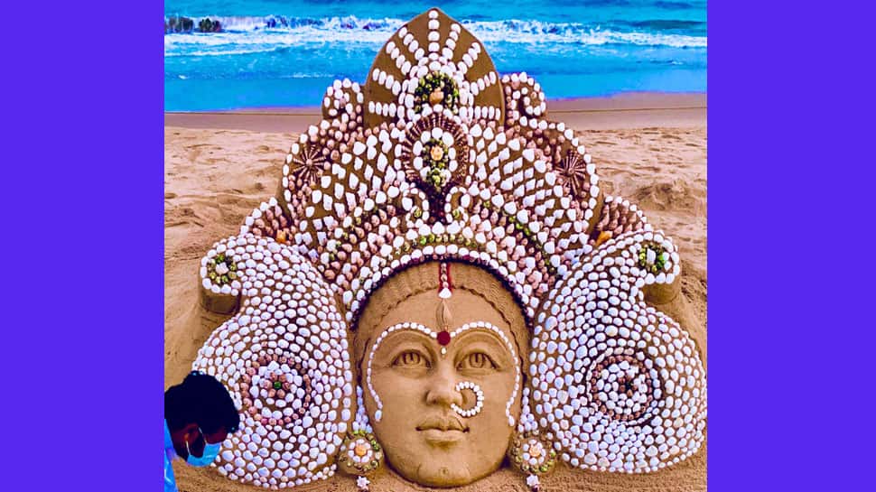 On Maha Ashtami, Sudarsan Pattnaik creates breathtaking Maa Durga sand art using seashells at beach - Watch