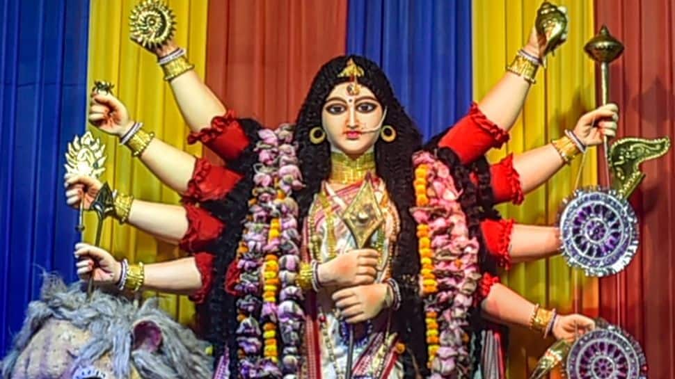 A magnificent Goddess Durga idol at community pandal, Kolkata