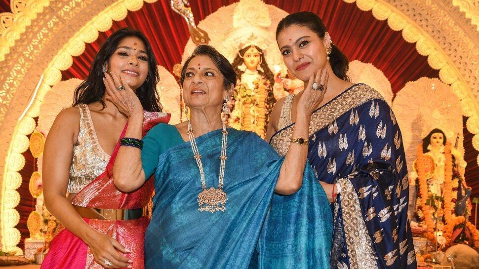 Actress Tanishaa Mukerji, Kajol Devgn pray to Goddess Durga with mom Tanuja