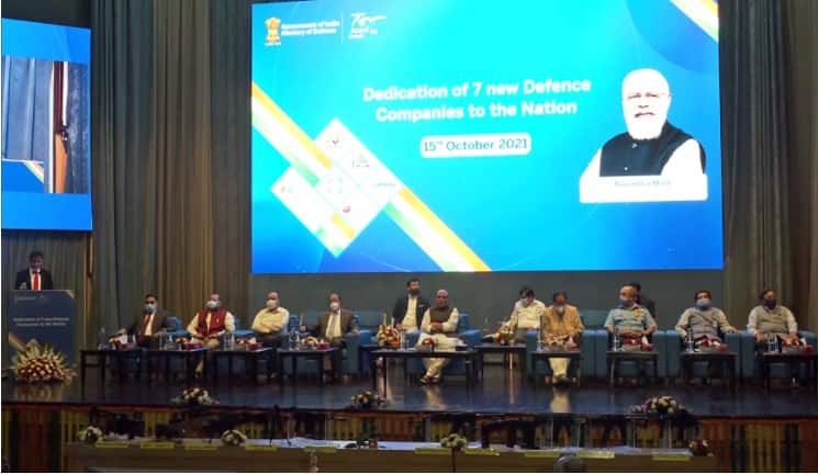 Defence Minister Rajnath Singh at an event of the dedication of seven new defence companies to the nation