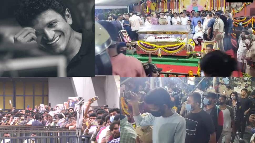 Kannada actor Puneeth Rajkumar&#39;s last rites: Thousands of fans at Kanteerava Stadium - Watch | Regional News | Zee News