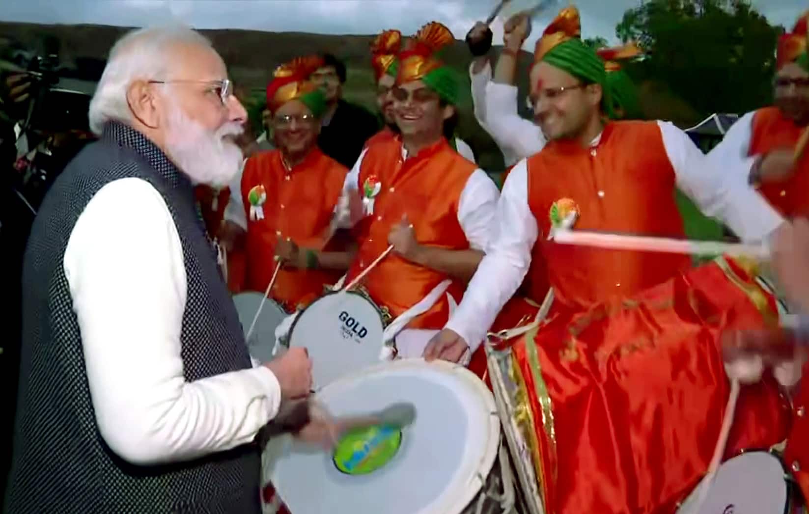 PM Narendra Modi trying his hand on a dhol