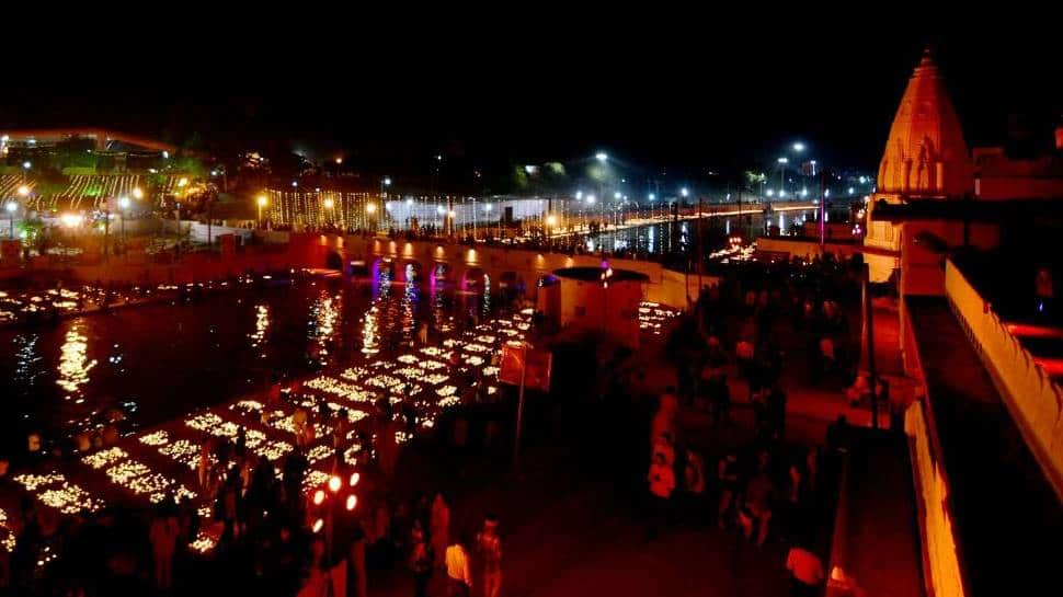 Lamps lit on Saryu river bank 