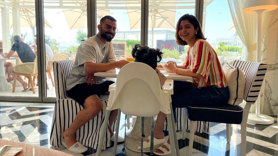 Virat Kohli with wife Anushka Sharma and daughter Vamika in a UAE hotel during the T20 World Cup 2021. (Source: Twitter)