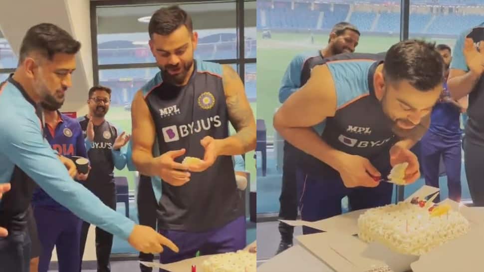 Virat Kohli forgets to blow candles before cutting birthday cake, MS Dhoni reminds him - WATCH