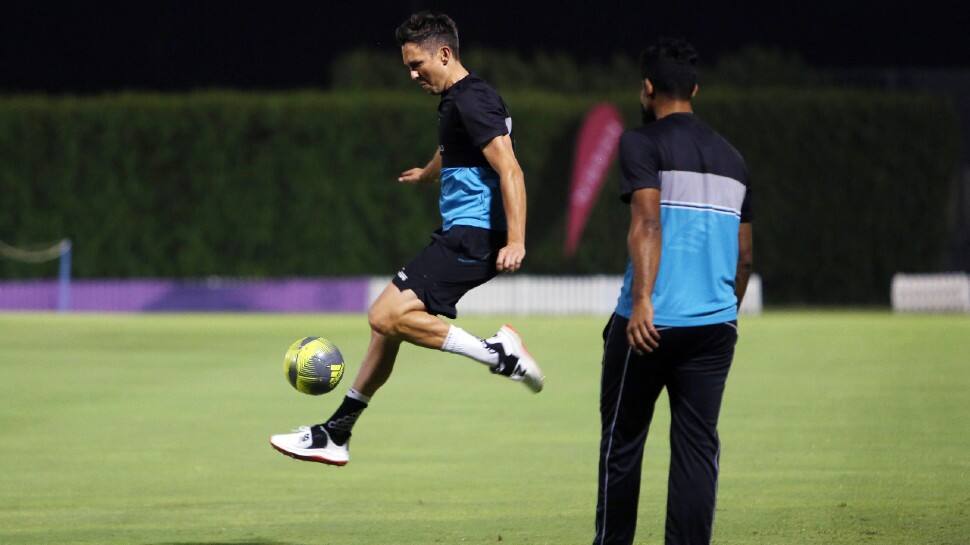 New Zealand paceman Trent Boult plays football during training ahead of the T20 World Cup 2021 final vs Australia. (Photo: ANI)