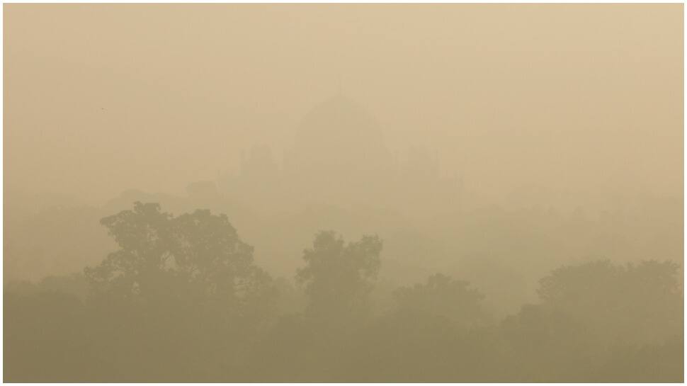 Humayun's Tomb can be seen shrouded in smog