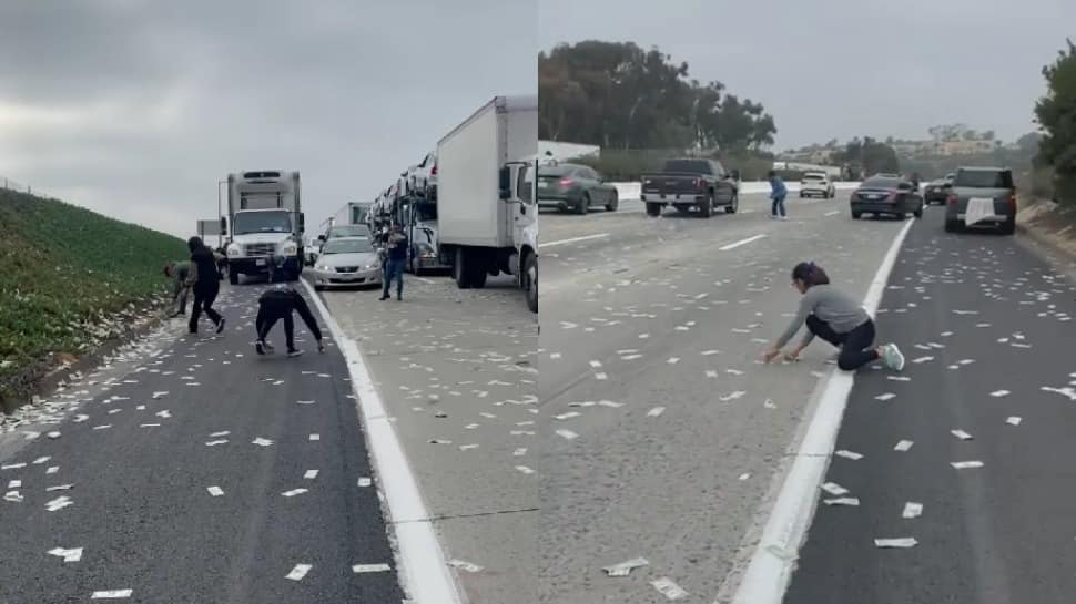 People stop cars, scramble to grab cash as bags of money fall out of truck in US
