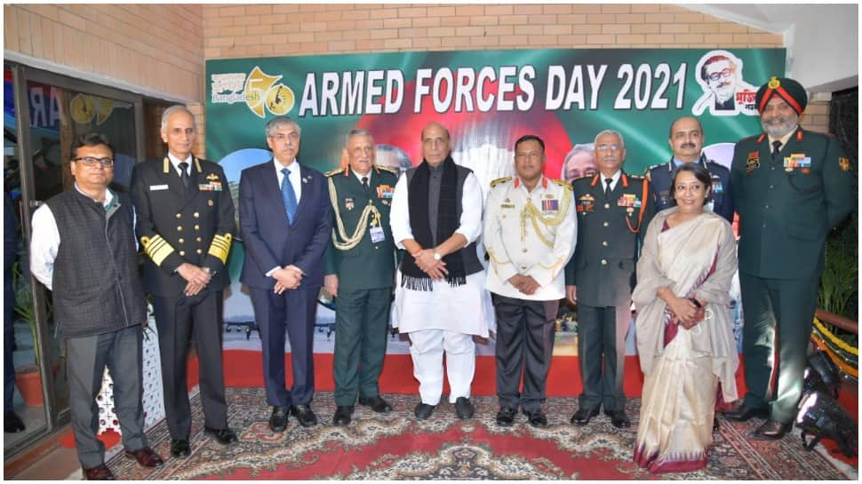 Defence minister Rajnath Singh visits Bangladesh High commission on country&#039;s Armed Forces Day