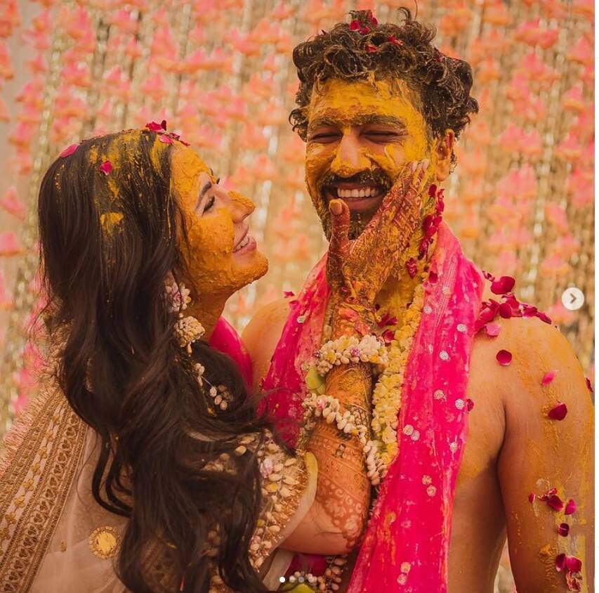 The duo applied haldi to each other