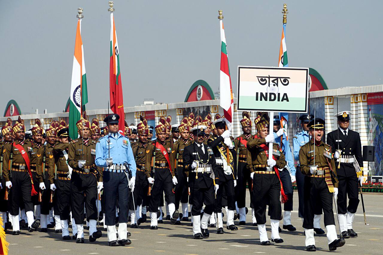  A tri-service contingent from the Indian Armed Forces taking part in Bangladesh Victory Day parade.