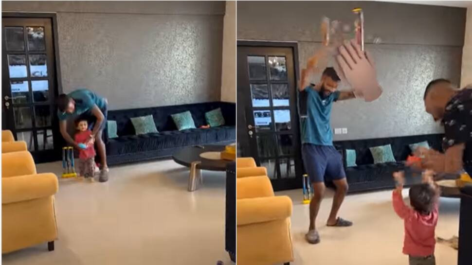 WATCH: Hardik Pandya plays with son Agastya, father-son duo hit helicopter shot for six