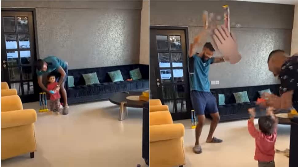 WATCH: Hardik Pandya plays with son Agastya, father-son duo hit helicopter shot for six WATCH: Hardik Pandya plays with son Agastya, father-son duo hit helicopter shot for six