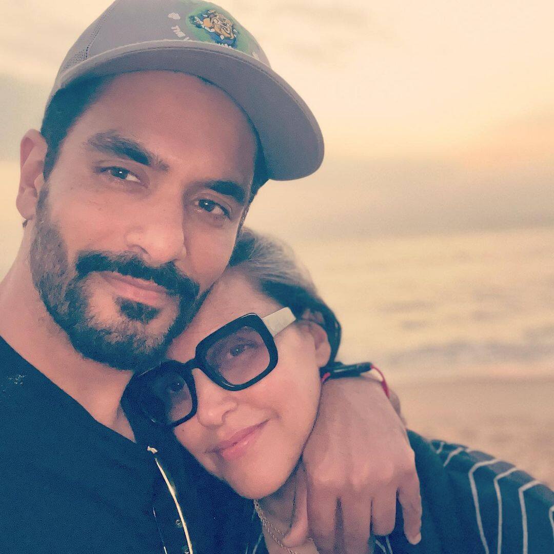 Neha Dhupia poses with Angad Bedi