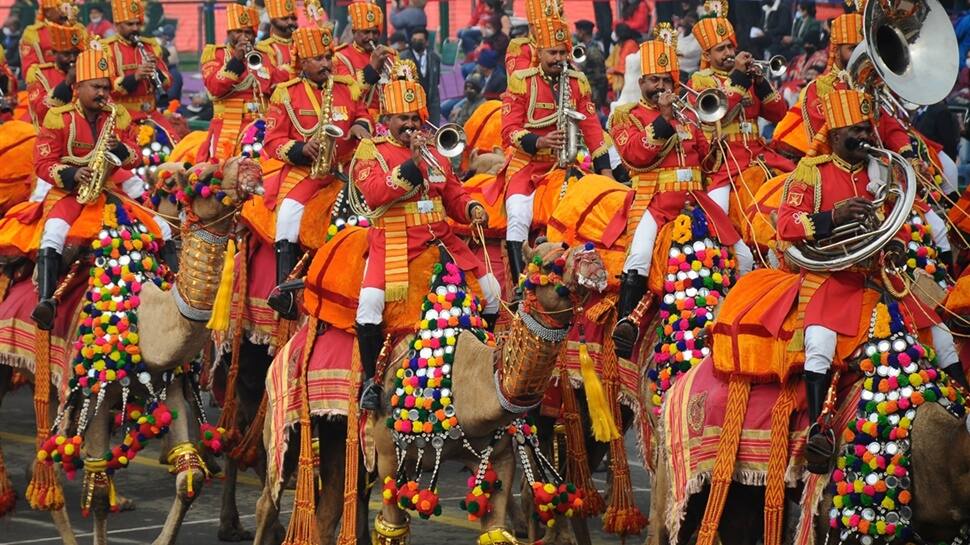 BSF personnel mount camels during full dress rehearsal