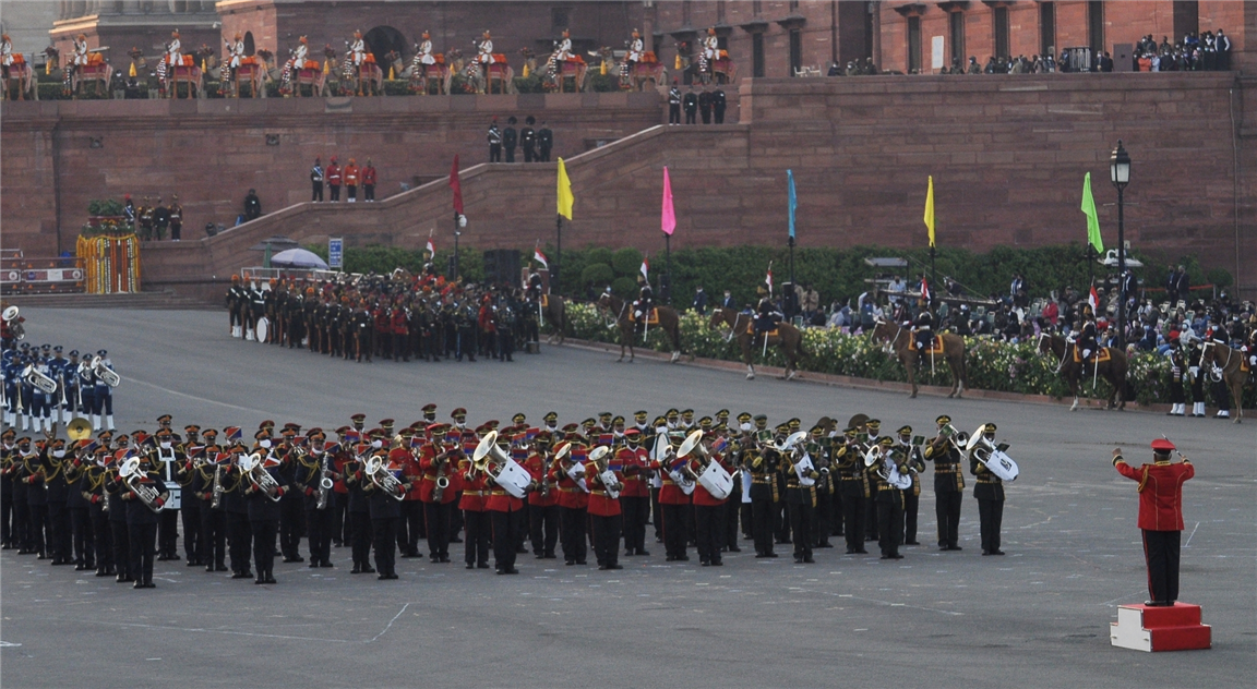 Tri-services bands perform during the full dress rehearsal for the Beating Retreat ceremony