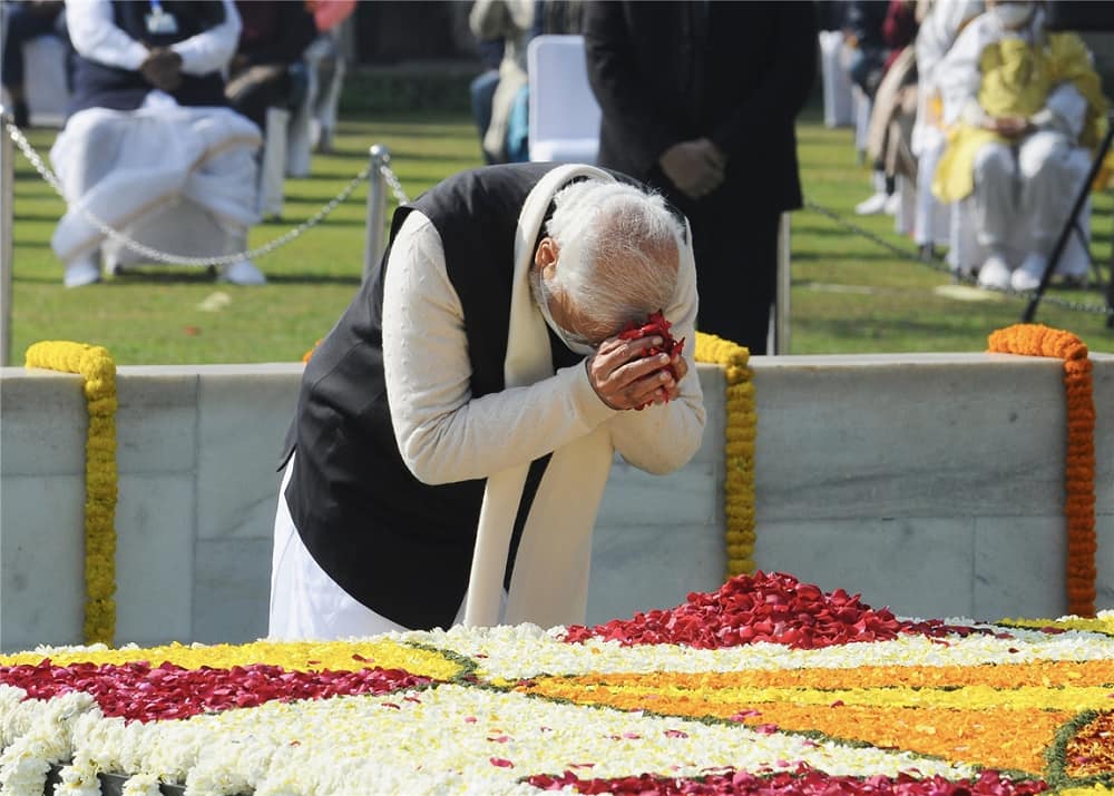 PM Narendra Modi pays homage to Mahatma Gandhi at Raj Ghat.