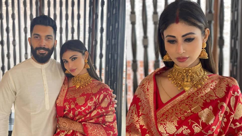 New bride Mouni Roy wears red Banarasi saree on the day after wedding, hubby Suraj Nambiar is smitten by Mrs - IN PICS