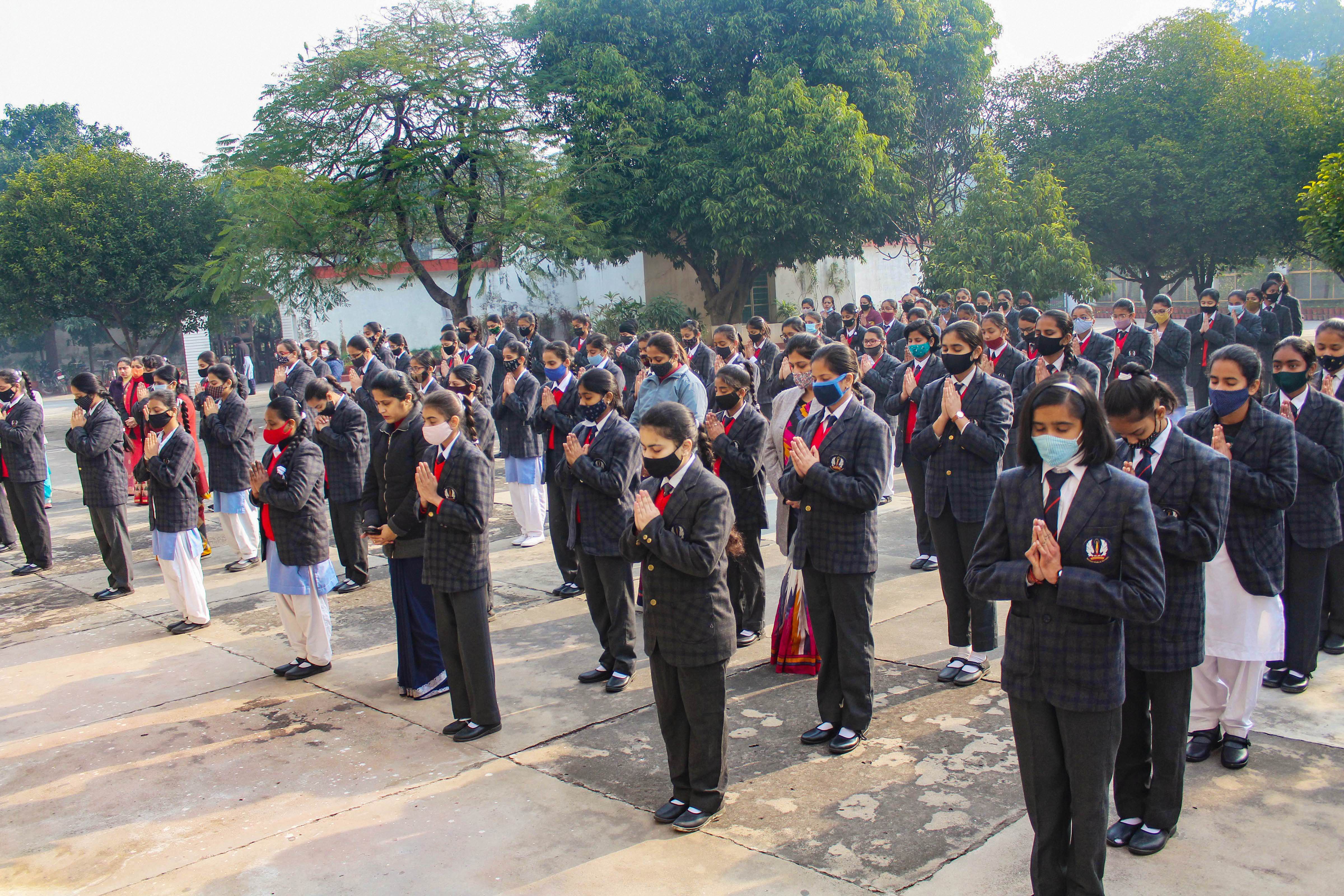 Students attend morning assembly prayers in Uttar Pradesh