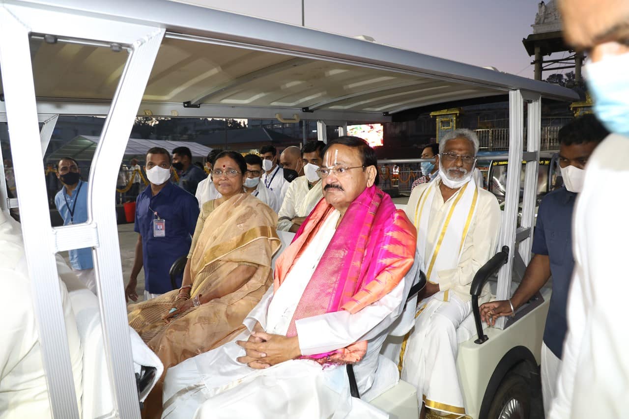 VP Venkiah Naidu exiting the Balaji Temple in Tirumala.