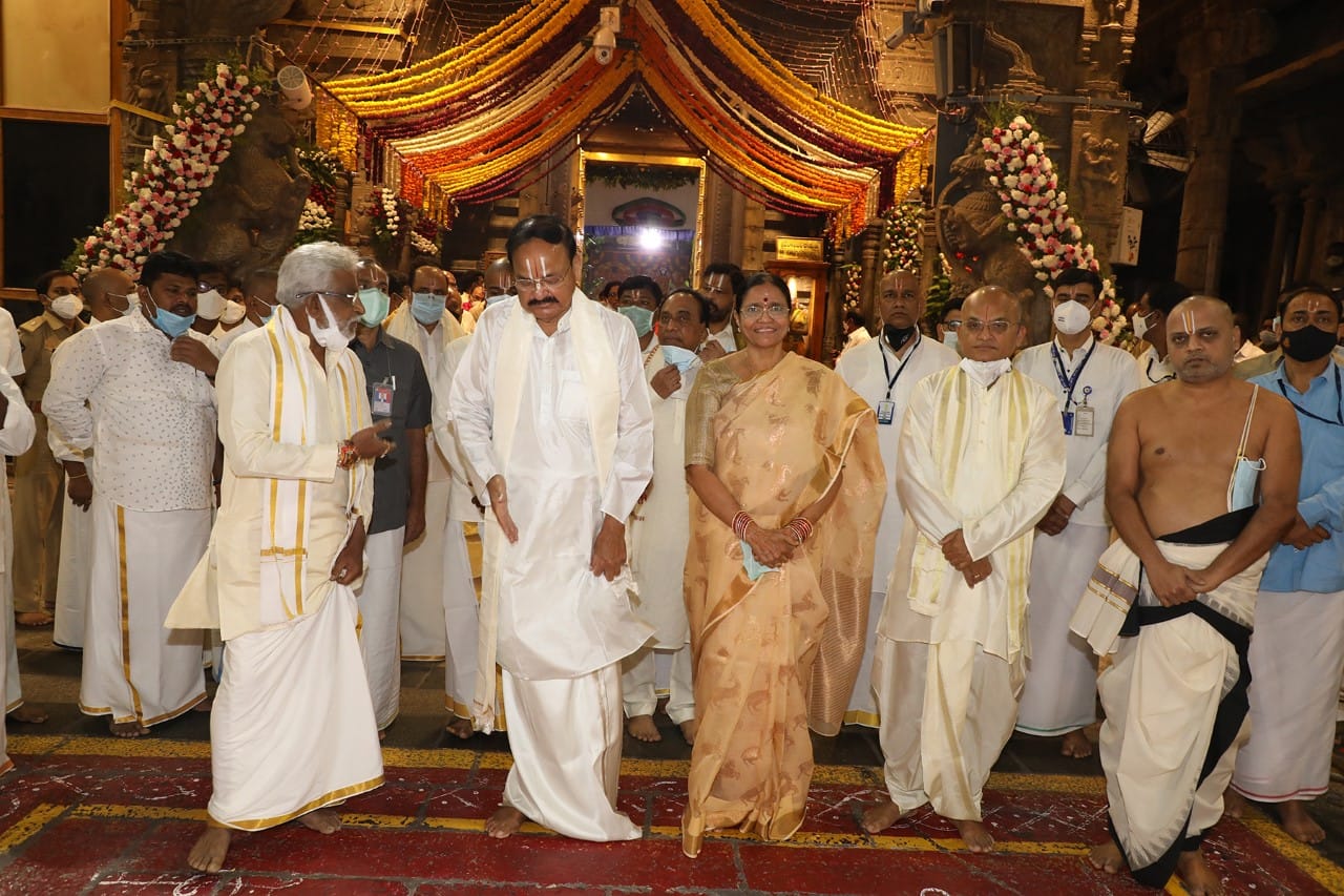 Vice President Naidu welcomed by TTD Chairman YV Subba Reddy at Balaji temple.