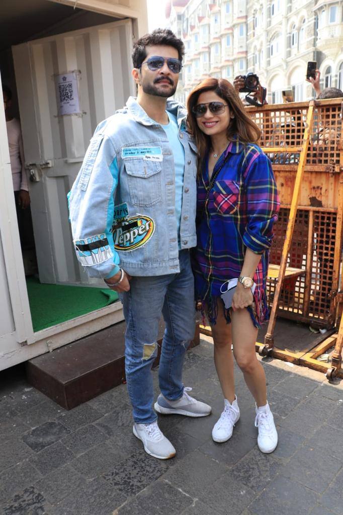 Shamita Shetty opts for blue chequered short shirt dress