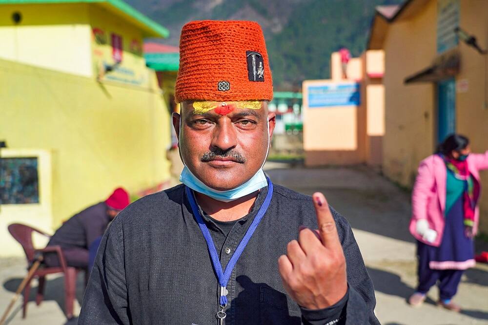 AAP Uttarakhand candidate Ajay Kothiyal after casting his vote.