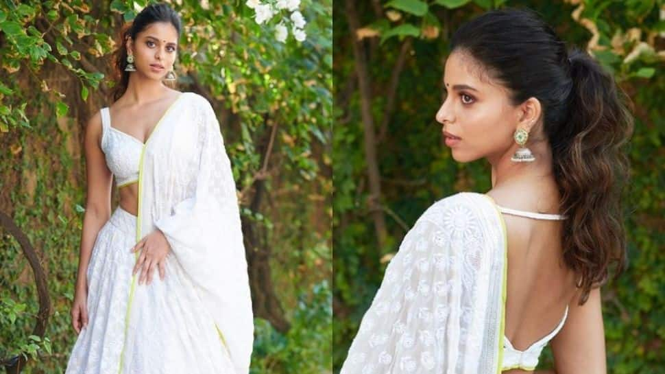 Suhana Khan&#039;s desi avatar in Manish Malhotra&#039;s chikankari lehenga, backless choli is a hit, see pics!