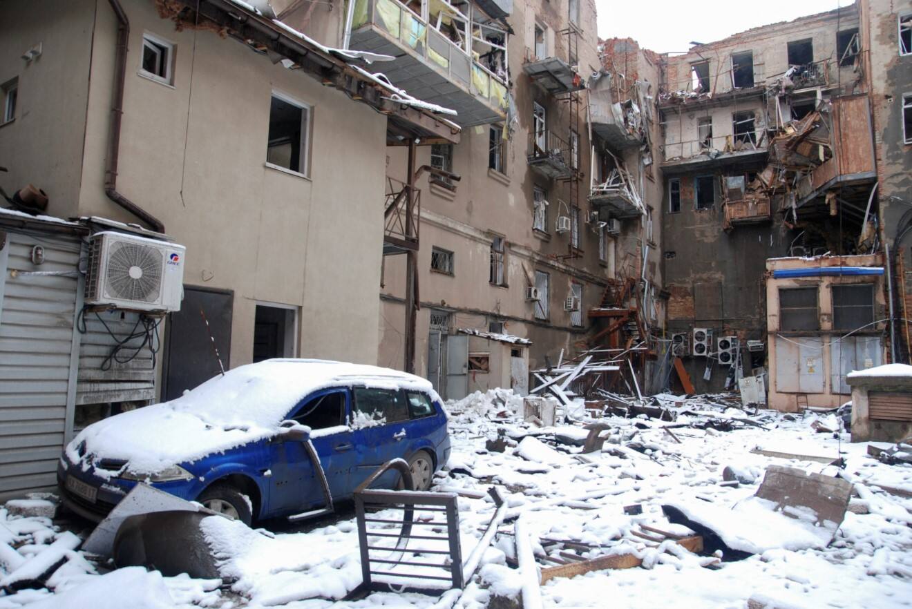 Damaged buildings in Kharkiv