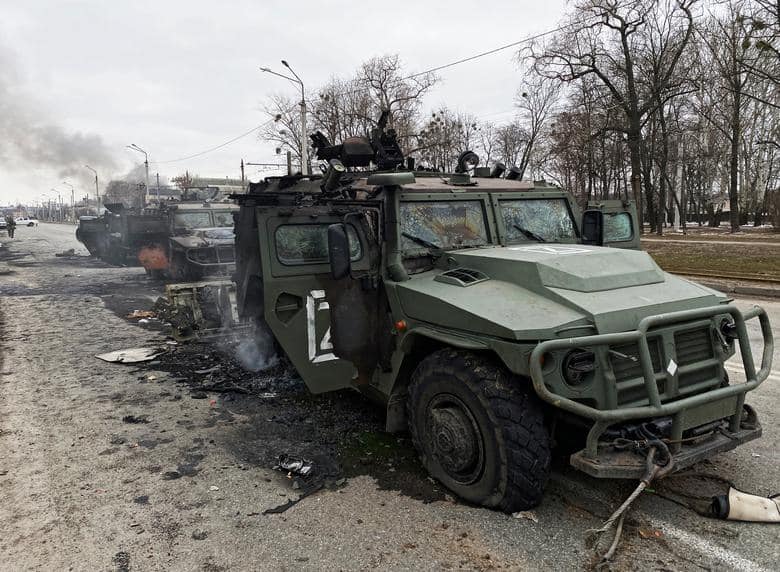 Destroyed Russian Army all-terrain infantry mobility vehicles Tigr-M (Tiger) in Kharkiv