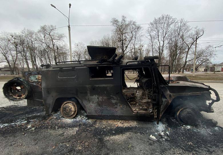 Destroyed Russian Army all-terrain infantry mobility vehicle Tigr-M (Tiger) in Kharkiv