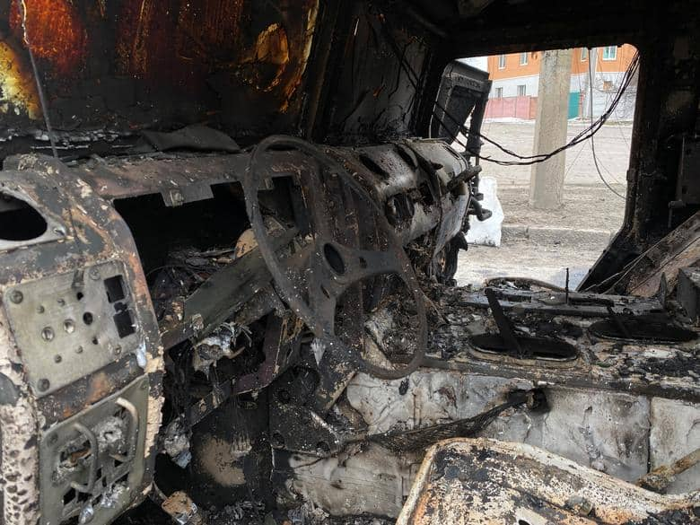 An interior view of a destroyed Russian Army all-terrain infantry mobility vehicle Tigr-M (Tiger) in Kharkiv