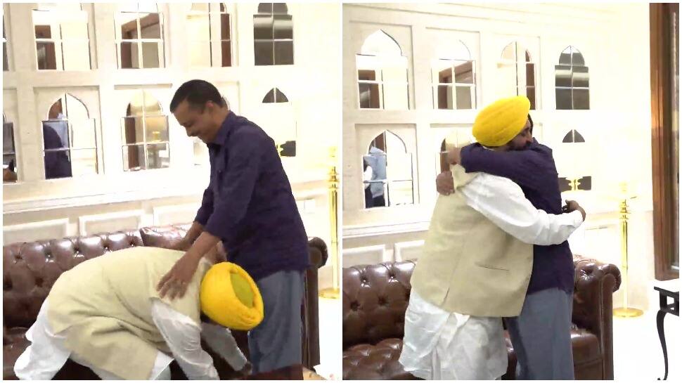 After AAP&#039;s massive victory in Punjab, Bhagwant Mann touches Arvind Kejriwal&#039;s feet in first meet -Watch